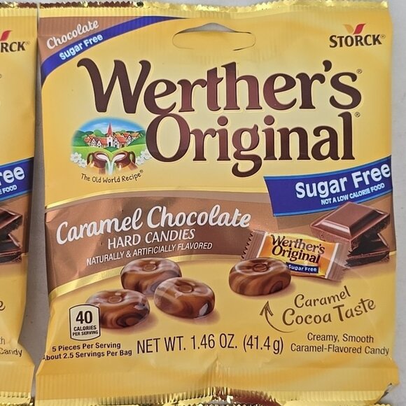 4 PACK Werther's Original SUGAR FREE CARAMEL CHOCOLATE Hard Candies 1.46oz bag/e - Picture 2 of 6